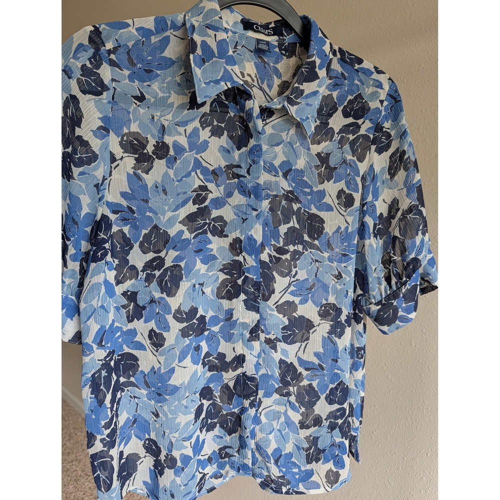 Chaps Womens Blue Floral Crinkle Chiffon Button Down Blouse Short Sleeve Large
